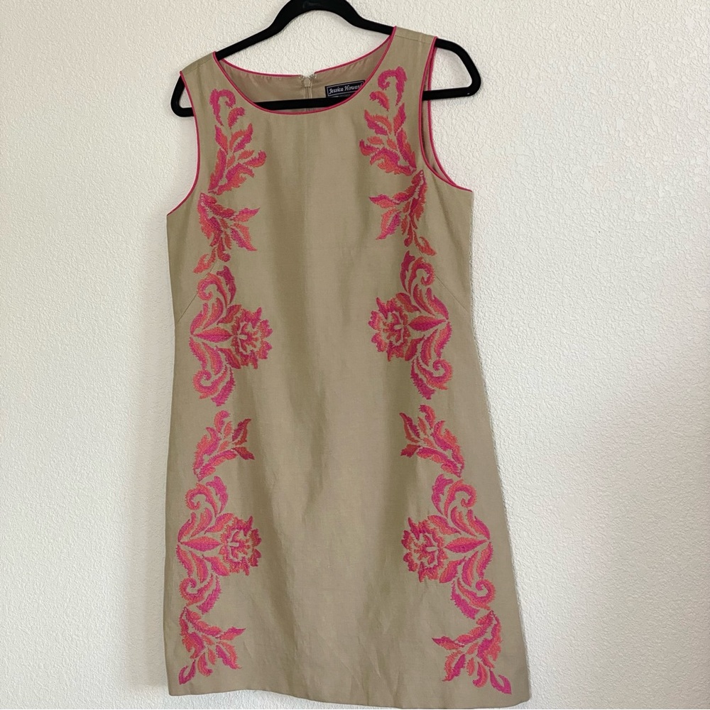 Jessica Howard Linen Blend Shift Dress with Embroidery size 8P‎